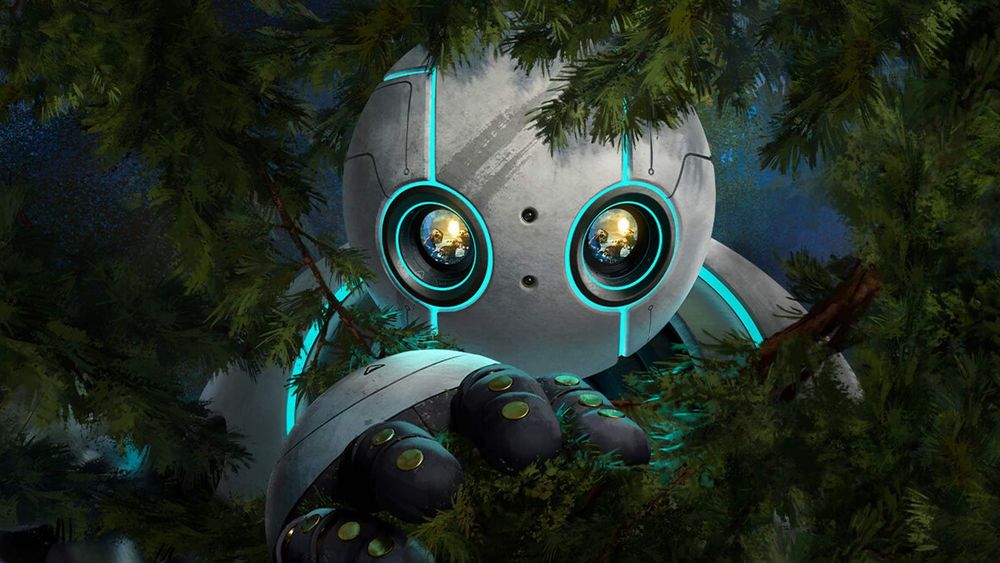 Poster del film Il Robot Selvaggio, con un primo piano del robot protagonista che guarda direttamente in camera attraverso dei rami d'albero.