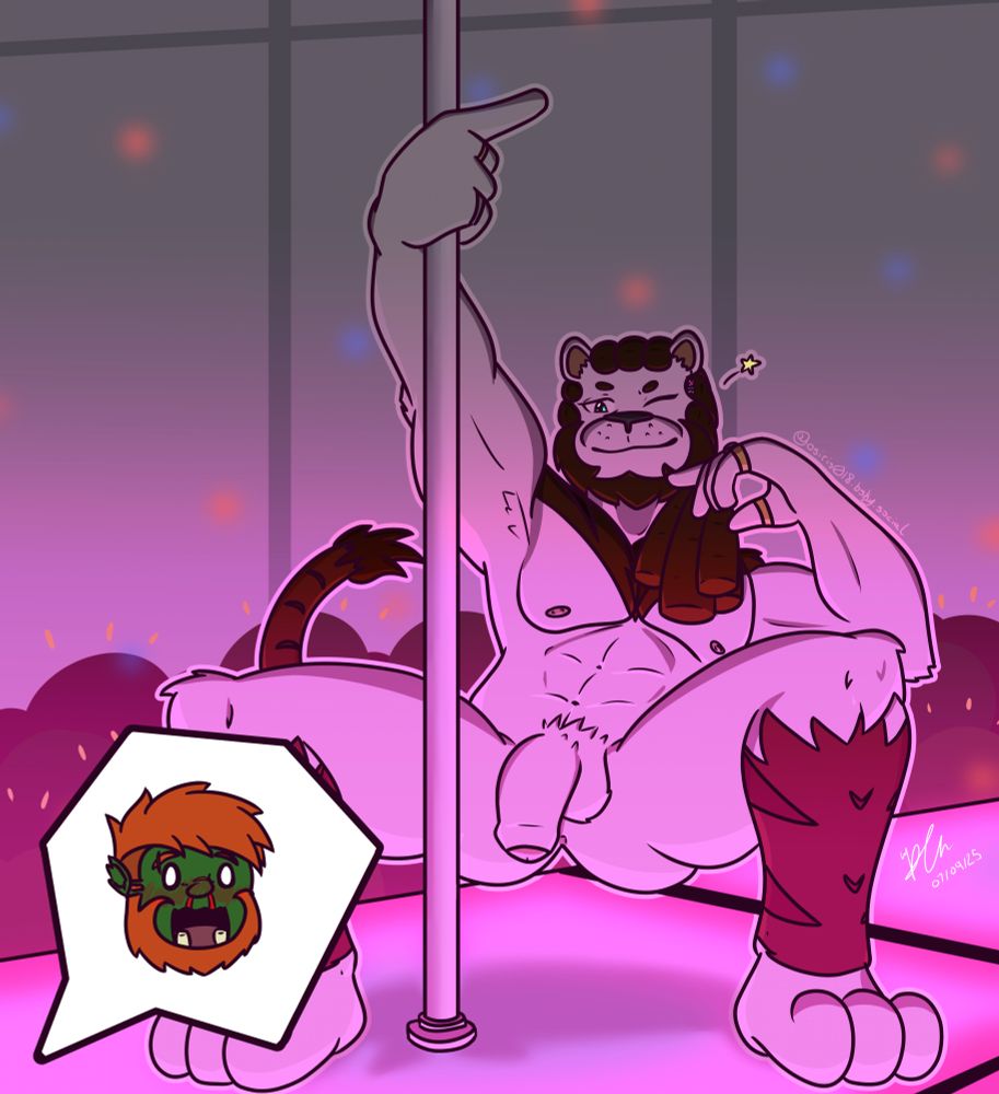 Gwyn Earthshaker grinding against a stripper pole. His half-orc husband Elliot watches in disbelief, his nose bleeding.