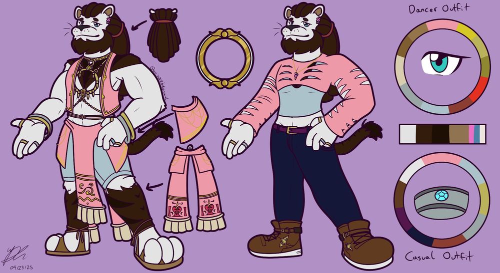 A character sheet of a white lion furry, whose hair is tied into long thick braids. He is wearing a pink revealing dancing uniform on the left, and a cunty crop top with a cut-up pink sweater on the right.