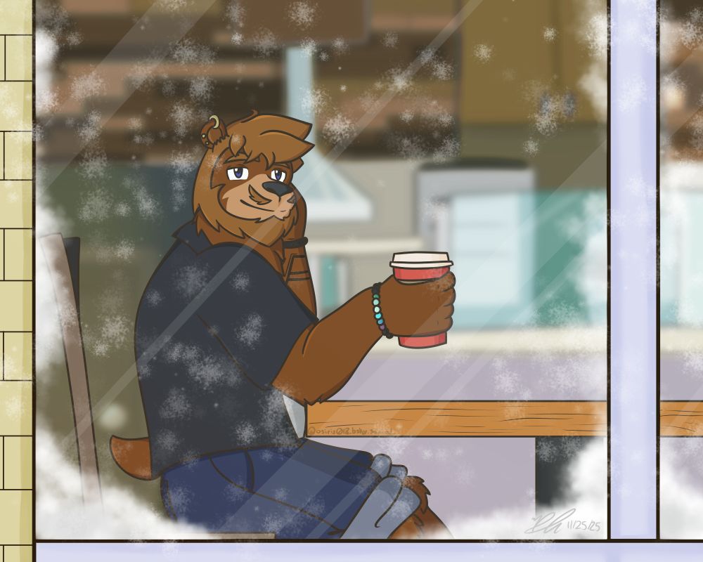 My partner's bear fursona sitting in a Tim Hortons with a cup of coffee, looking wistfully out of the window