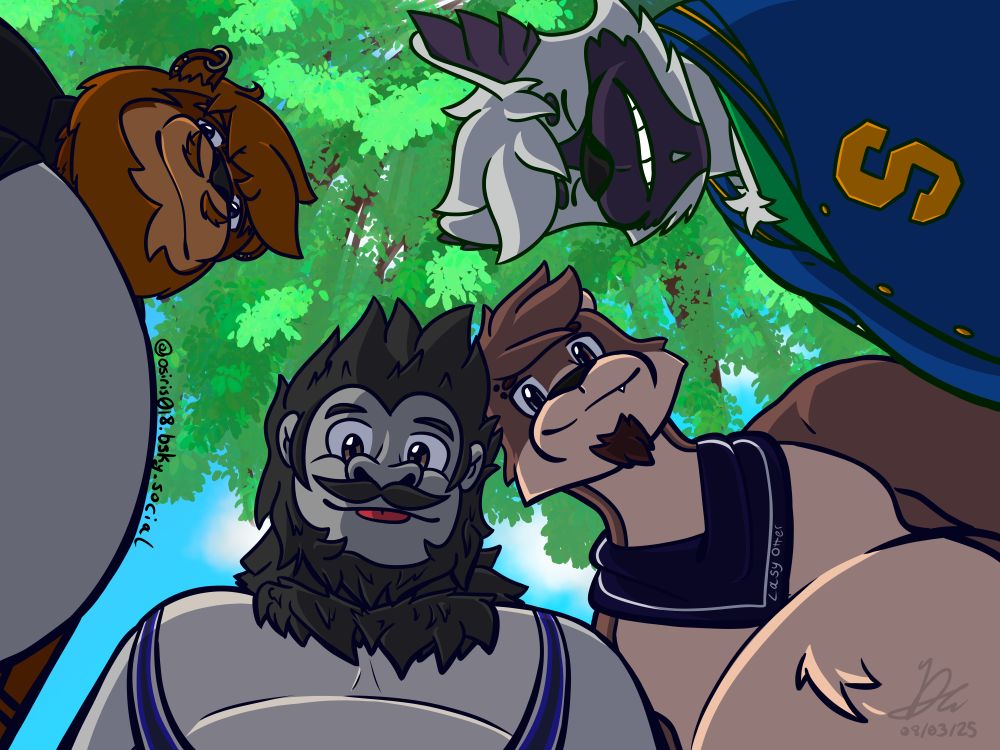 From left to right, Kian, Primal, Lasy, and Castor looking down at the "camera"