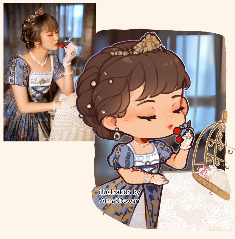 photo turned a colored chibi sketch: an elegant lady leaning gracefully on a table. She's putting cherries close to her lips like she's about to eat them.