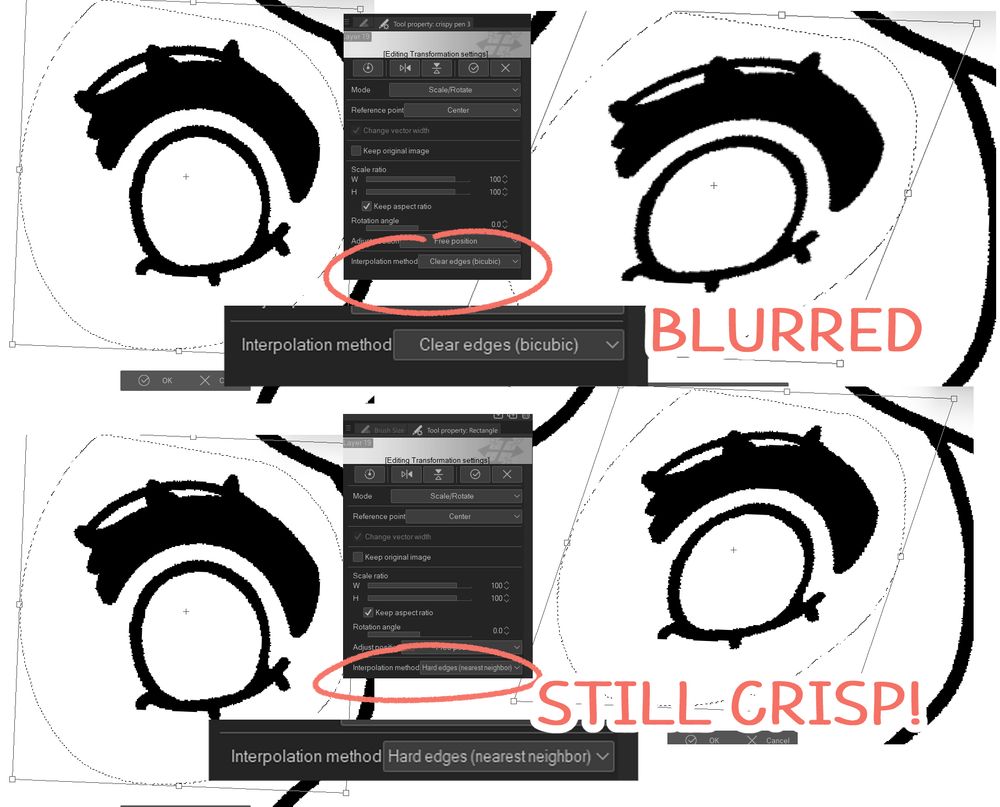 a demonstration image showing a transformation becoming blurry with "clear edges" setting, and still being crisp after "hard edges" setting was turned on