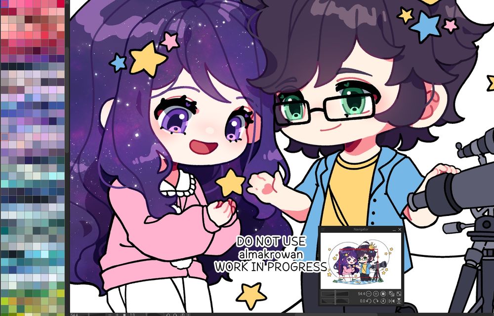 A work in progress shot of an illustration I'm working on - two characters leaning towards each other. The girl with galaxy hair is holding her hands up to cup a small floating star, the boy on her side, with one hand on a telescope, is reaching to hold the star as well - he's looking at the girl with a loving smile, while she's looking at the star, excited. It's an illustration for Rstar2561.