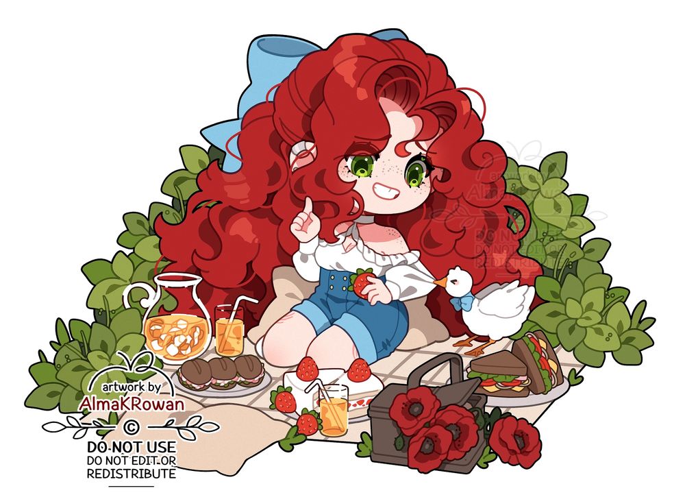 a chibi illustration of Yumemimir's Fields of Mistria OC, Emilia Goldhart. She's sitting comfortably on a pillow amidst a cute picnic, looking at her pet duck, Finnegan who is tugging at her sleeve in an attempt to stop her from eating a strawberry. Emilia is smiling apologetically, but shows one finger up, asking for permission to eat just this one snack. Around them, there's more dishes; lobster rolls, strawberry shortcake, some sandwiches and lemonade, as well as a picnic basket with poppy flowers. Behind the two of them, there's a lot of foliage, and in the very front of the scene is an empty pillow, suggesting they are waiting for one more person.