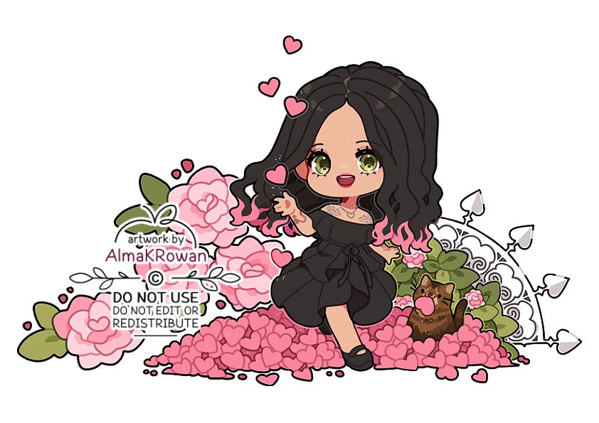 A chibi illustration of a girl in black dress running amongst heaps of little hearts falling from the sky. She's smiling and reaching her hand out to catch one of the hearts. Behind her, in the heap of hearts is a cat, holding one of them in it's mouth. There are big pink roses and a white ornamental gate behind her. The character belongs to airyndeniro on instagram.