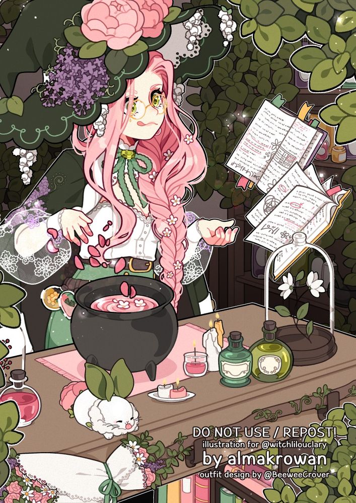 A digital illustration of a young pink-haired witch brewing a potion in her workshop. She's wearing a large, deep green witch hat with flowers on it. She's using magic to levitate two books on her right she's reading something off of, and to fly some pink flower petals into the cauldron in front of her, on the desk.