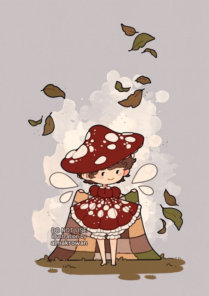 an illustration i drew in 2023, of a little mushroom fairy holding up a patchwork quilt