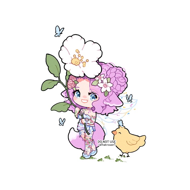 A little chibi pagedoll I made of FrogrArt's character from the reference sheet on left. She's walking, holding a big white flower, and glancing with a wide smile at a little yellow chick-like birdie following here. Around, there are a few butterflies.