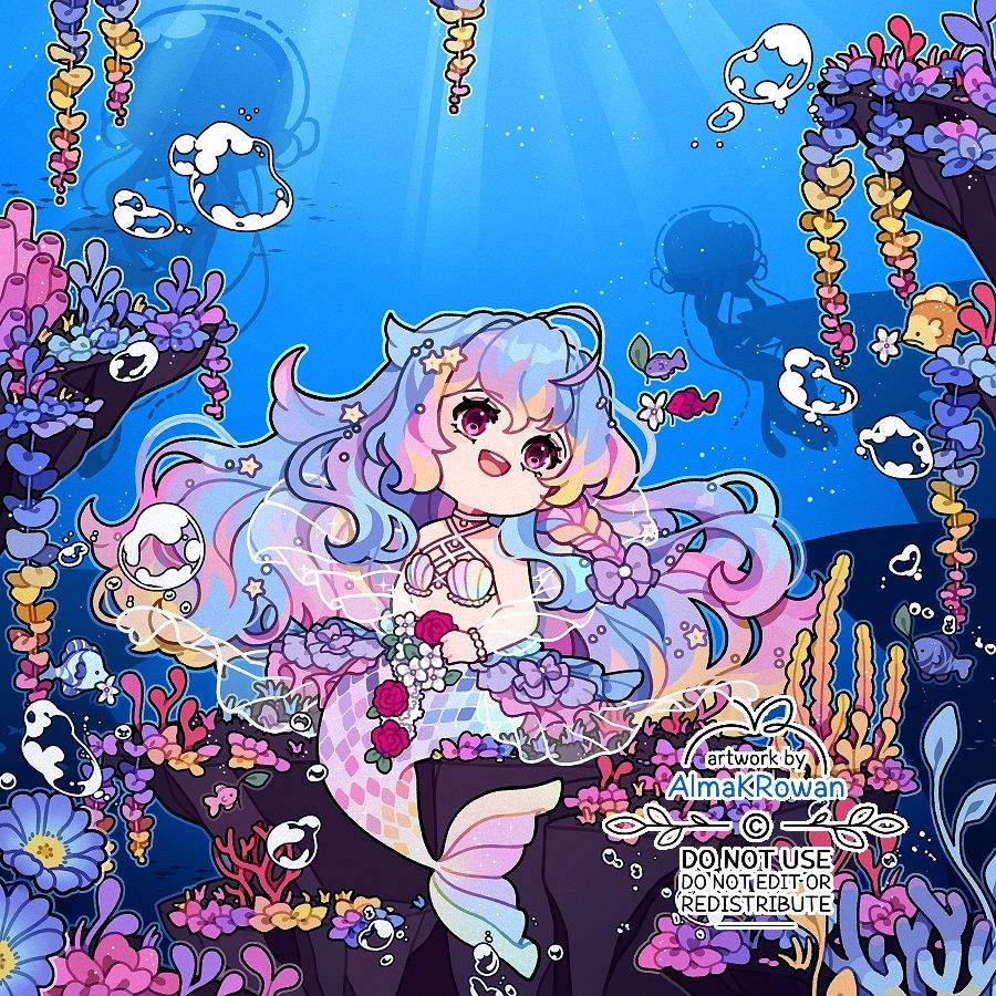 a digital illustration; a chibi mermaid sitting on an underwater coral reef shelf surrounded by lush corals and seaweeds. She's making a flower crown of flowers brought to her by small fish around. 
