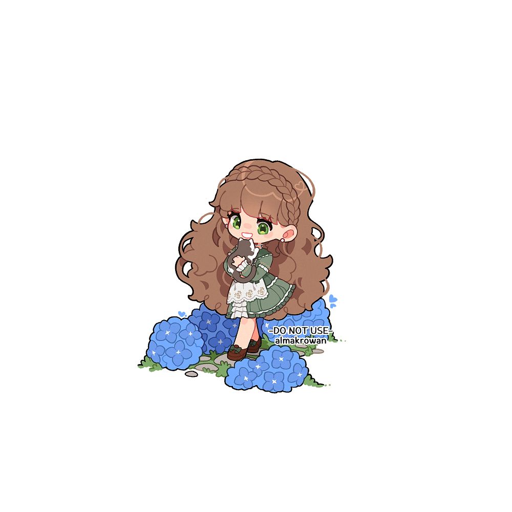 A chibi drawing I made of Comfeenise's oc, carrying a little cat in her arms as she walks along a path among hydrangea's flowers