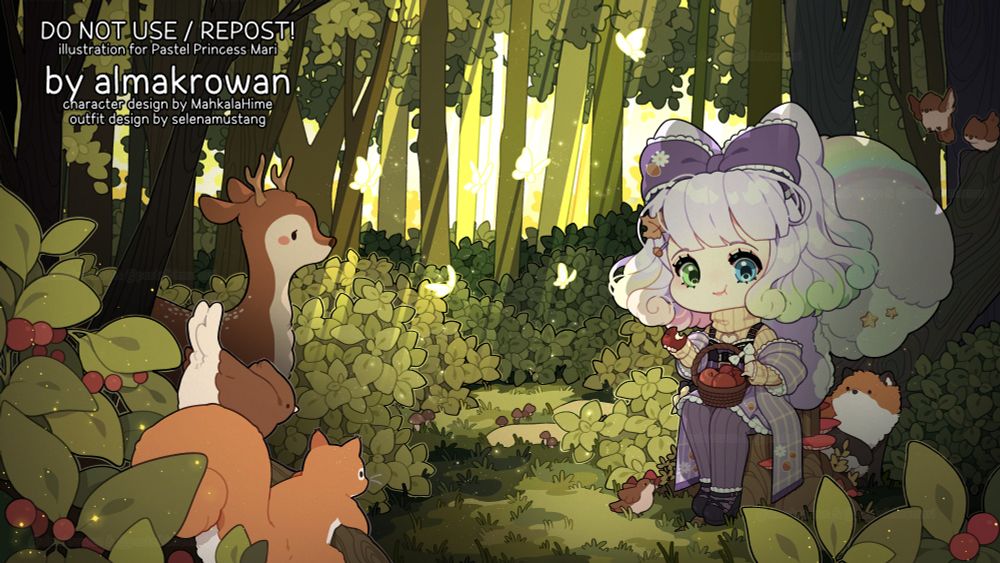 very detailed illustration of Mari's character sitting in a lush forest. She's eating an apple, and there are many chibi animals gathering around her!