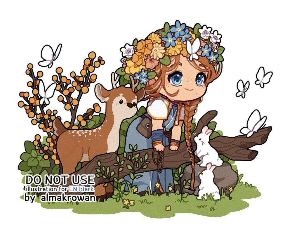 a chibi illustration: the character is leaning in propped on a laying down tree trunk, observing a butterfly that sat on his flower crown. There is a deer and a bunny on his sides, watching curiously. The character belongs to ENTJerk.