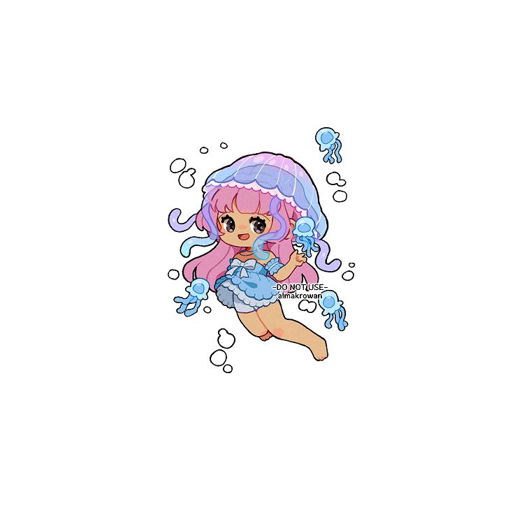 a chibi drawing of xraincandy_u's OC, ms. Jelly, floating amongst tiny jellyfish and air bubbles