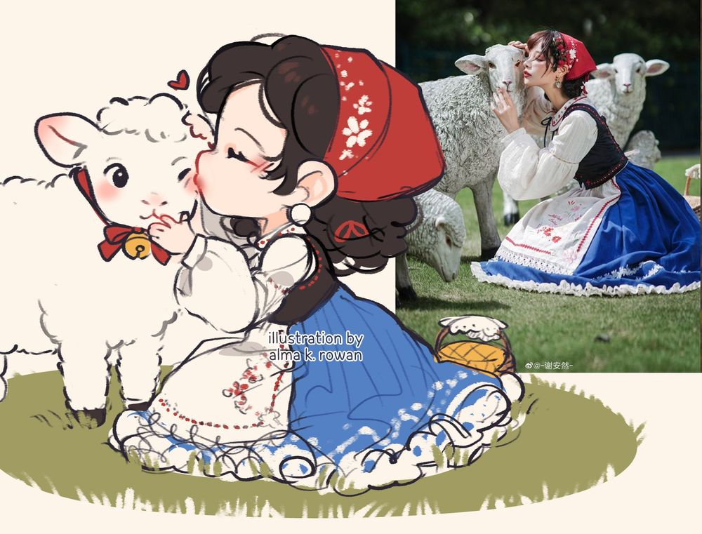 photo turned a colored chibi sketch: a young girl kneeling in a grass to give a little sheep a kiss on a cheek. 