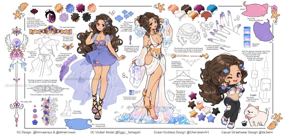 Reference sheet of Kimveerays's character. It's a stingray-water-goddess themed girl, and here she's wearing three different outfits. SHe's surrounded by many, MANY details and notes explaining various elements of the design.