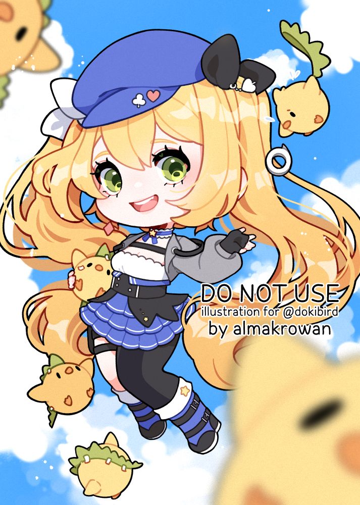 dokibird's (older design of) vtuber oc falling gracefully through the sky. Around her there are a bunch of small cute chickens who are using a washi tape to secure little dino spikes to their backs as they are falling down. Doki is reaching out to catch a roll of tape one of the birds is desperately trying to catch and use.