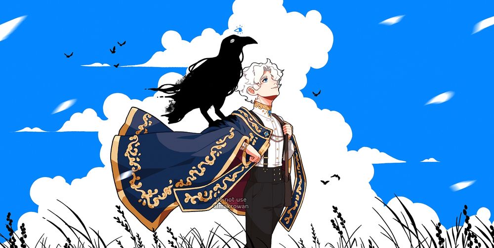 a digital illustration i made~ My oc, Alec, standing in the middle of a windy field, or a meadow, looking up at the sky above. On his shoulder there is a large crow-like bird made of shadows. Above the bird's head there is a symbol of an open eye.