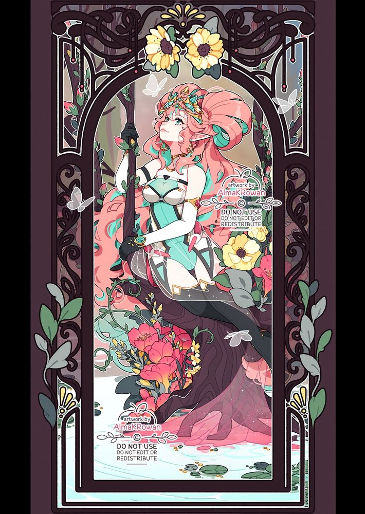 A digital illustration of Amora Lumina's character. She's sitting on a wide-branching tree, looking up at a half-transparent white butterfly. There are many pink and yellow flowers at the base of the tree and climbing up the trunk and branches. Below, instead of grass there is water with lily pads on the surface. The whole composition is tied with a ornamental frame featuring some flowers and leaves.
