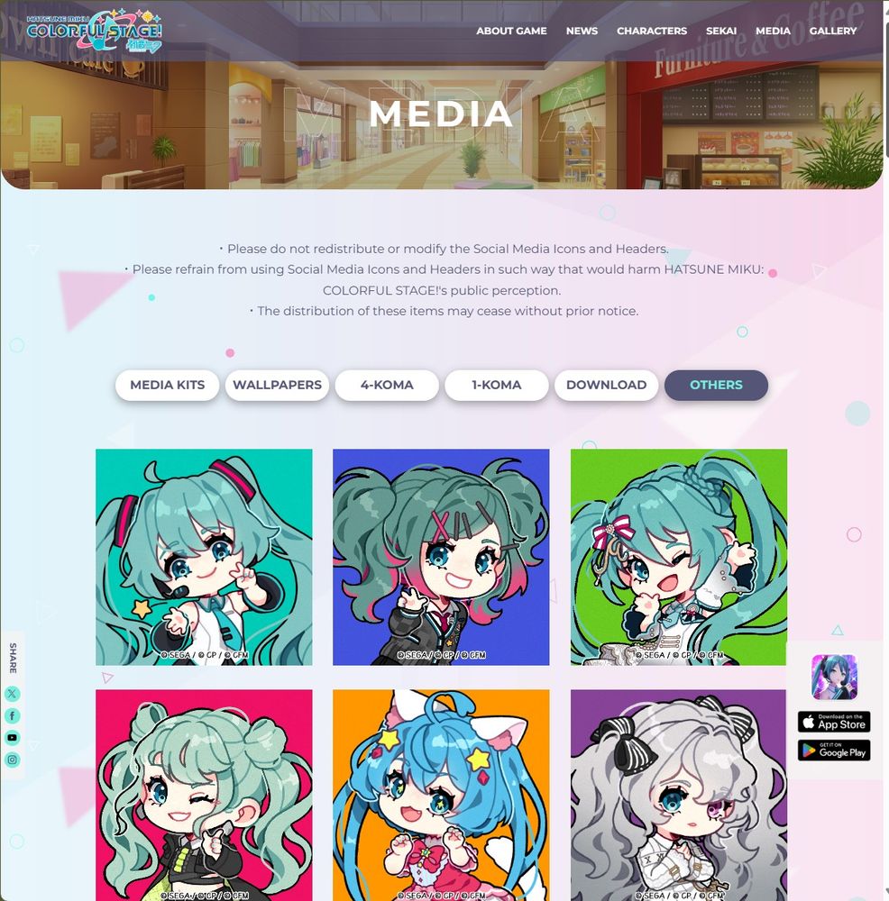 6 icons of different Mikus drawn by me (!) that are featured on ColorfulStage's official website for fans to use online