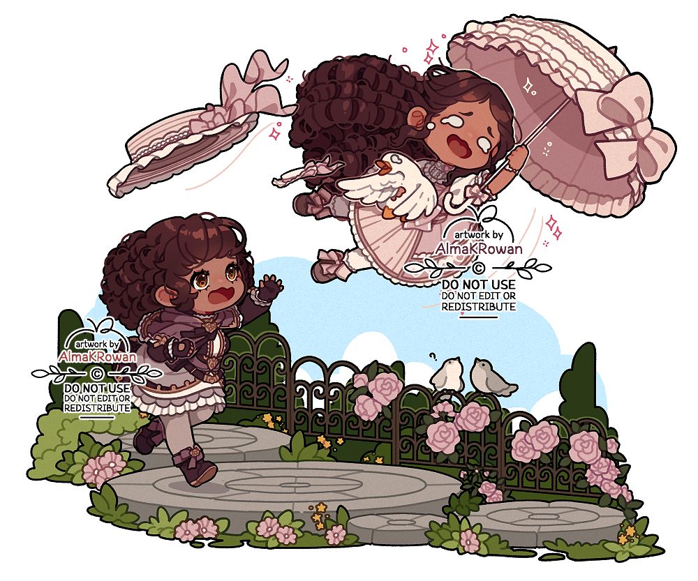 a digital illustration: chibis, two girls, one holding onto a magical umbrella that yoinked her up from the ground (she's crying in distress, clutching onto the umbrella's handle with one hand, and holding her pet duck with the other), the other girl running after her in panic, with hand outstretched. Both the umbrella girl and her duck just lost their hats to the wind (and the duck is very distressed about it)