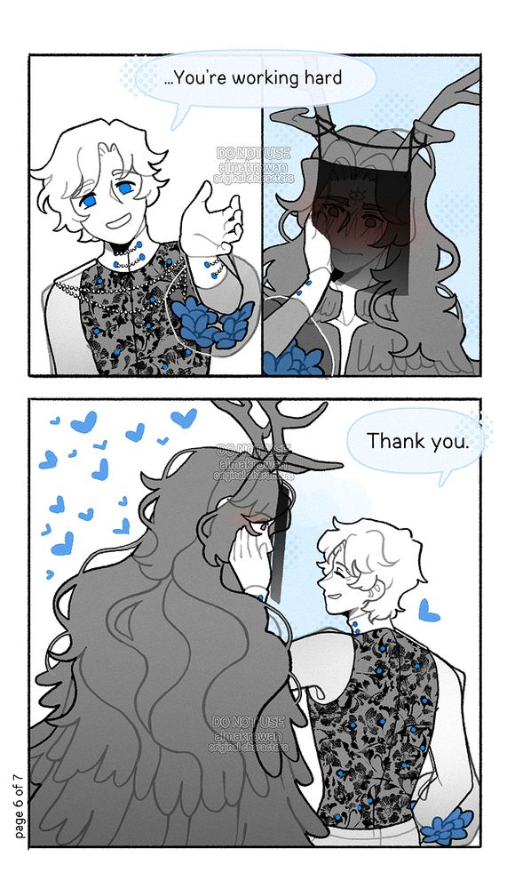 Panel 1: Alec reaching out towards the camera, smiling.
Panel 2: Fate's blushing face, still covered by the veil. Alec's hand is resting on his cheek.
Alec: ...You're working hard.
Panel 3: The two again, from behind now. Alec still is holding his hand on Fate's cheek. On Fate's side there's a ton of small blue hearts filling the panel's space. On Alec's side there is a big blue heart and text.
Alec: Thank you.