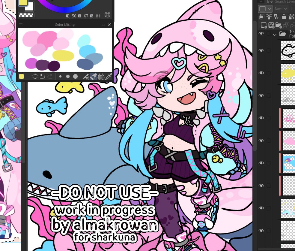 a work in progress screenshot of incoming chibi illustration (for Sharkuna)! It's a chibi drawing of her shark themed OC, winking and laughing at the viewer. Behind her there is a pet shark she's petting on the back right behind the top fin, and a few smaller fish.