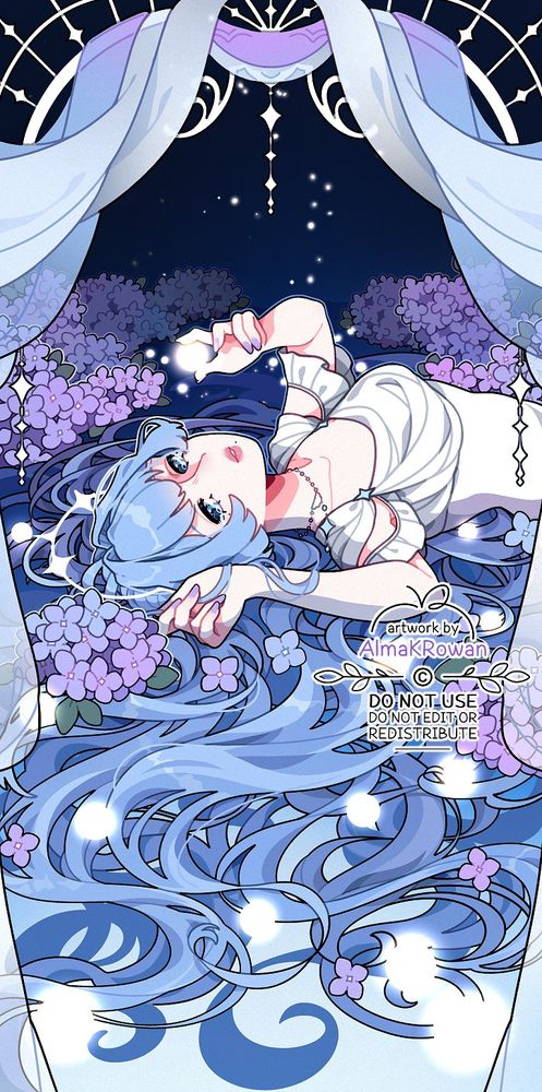 a digital illustration: a young woman laying down in a shallow water. Her long, blue hair is scattered in the entire lower half of the illustration, towards the viewer. She's looking at the "camera", her eyes teary and expression between neutral and forlorn. She's holding one of many white, glowing balls surrounding her - just born stars. There are hydrangea flowers around the edges and by her, and a pattern of stars above her, climbing in a line up. The upper part of the illustration is adorned with a delicate frame and half-transparent lines of fabric framing the canvas.