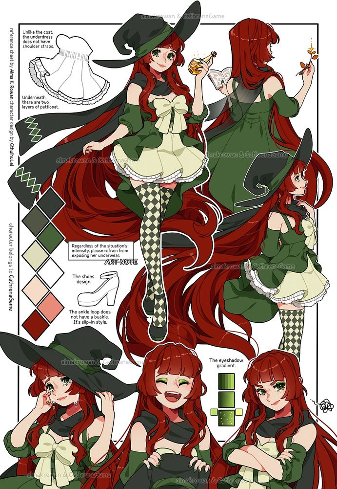 A collage of digital illustrations I made of CathrenaGame's OC. She's a witch with long, red hair. In here, she's drawn in many poses with many expressions at multiple angles to show details of her design. It's a reference sheet, so there's also a colors swatch and little notes about the design's details that might be useful for future artists who draw her.