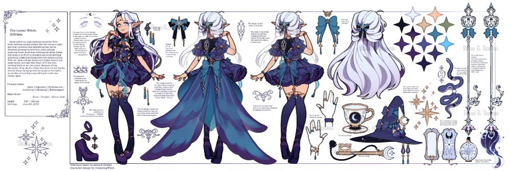 reference sheet illustration for aoiterasu on twitter - the character is drawn in many poses with notes and sketches explaining the outfit's construction and other design elements in detail