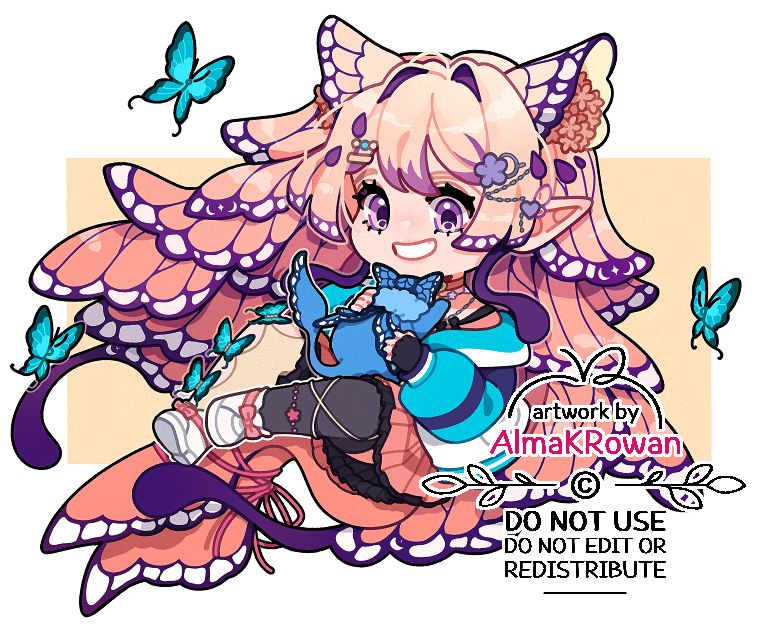 an illustration of a chibi character floating in the air with butterflies, grinning at a cat-butterfly familiar in her hands 
the character belongs to onyxsurlian