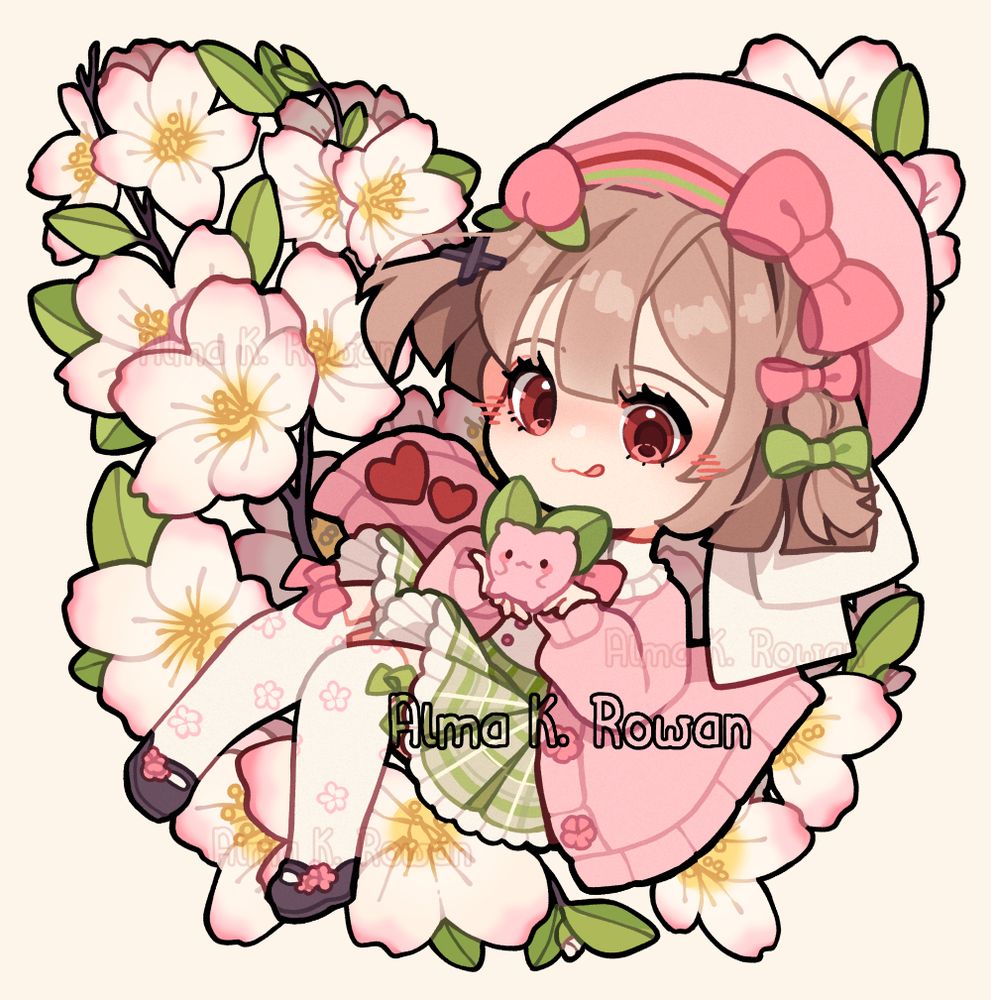 A chibi illustration of ProjektMomo's OC holding a cute peach creature on her hands