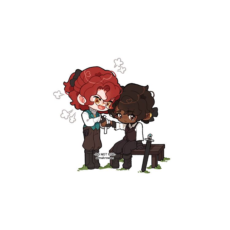 Ivy's oc, Elijah, tending to my oc's, Rowan's, injury. He's really angry, while Rowan looks apologetic/sad. Elijah is wrapping his wrist with a bandage, talking in anger. 