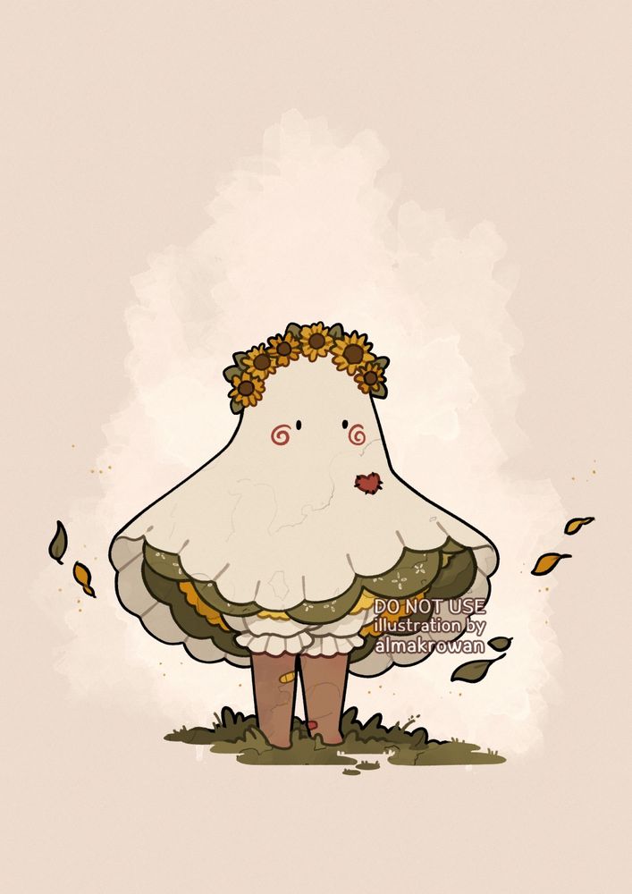A drawing I made in 2023 for october art challenge; a little character dressed up in many lacey layers, pretending to be a ghost with a flower crown. You can see their legs with a few colorful band-aids on them