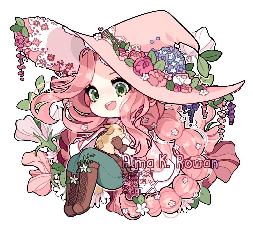 a chibi illustration of floral witch - Lilou's OC - holding a cute bunny to her chest