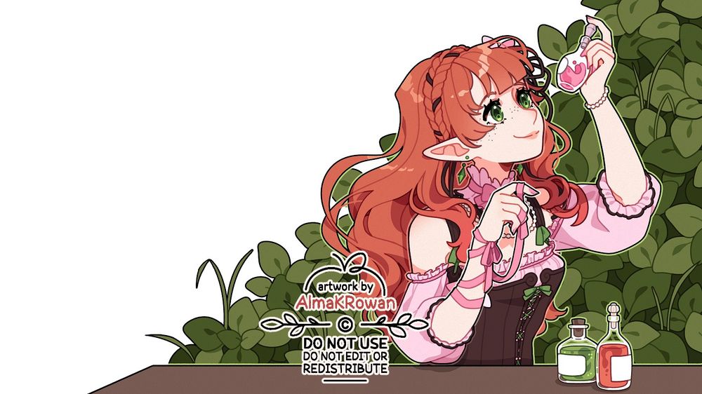 a digital illustration of a young red-haired elf girl examining a bottle of elixir. She's standing in front of a table with two more elixir bottles on it, and behind her there's a wall of foliage. The space on left is empty so the artwork can be used for stream schedule/announcement 🥰 the character belongs to JuniperReedVT