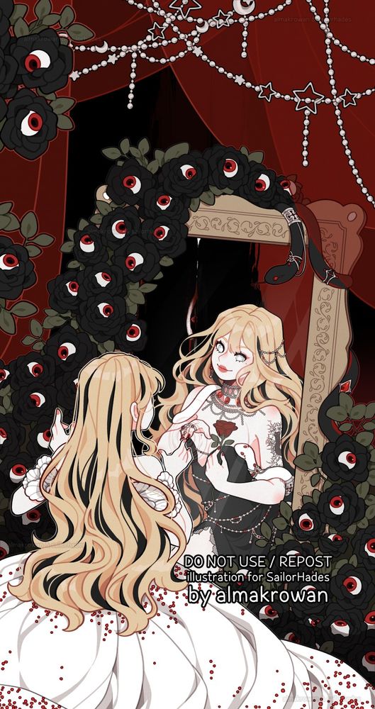 Digital illustration depicting Sailor's OC kneeling down in front of a tall mirror - reflected in it is an alternative version of herself, dressed in black and holding a red rose. The mirror itself is overgrown with black roses, each of them with a red eye inside.