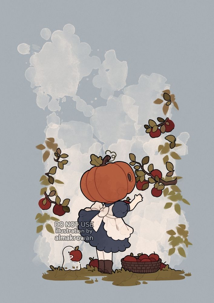 a small illustration I made 2 years ago; a pumpkin head girl in a fluffy dress is collecting apples to a weaved basket on the ground. By her side, a small ghost companion is carrying another apple to put in there too.