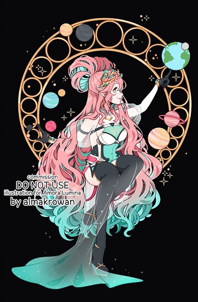 a digital illustration of a young woman with long, pink-to-teal hair. She's sitting inside a circular frame inspired by art nouveau ornaments, surrounded by planets and stars. She's reaching upwards to her side, to touch Earth. She's smiling gently, watching the planet. It's a commission for Amora Lumina. 