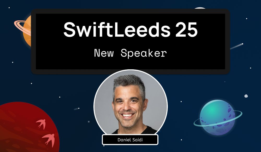 A speaker card showing a picture of Daniel Saidi surrounded by a space themed background