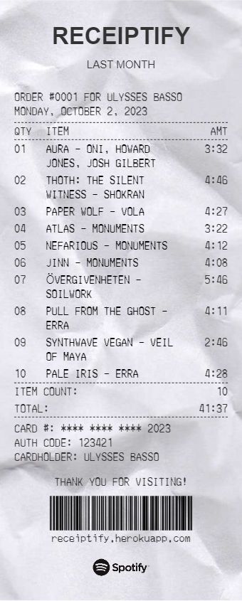 imagem estilo de um cupom fiscal com lista de músicas mais ouvidas