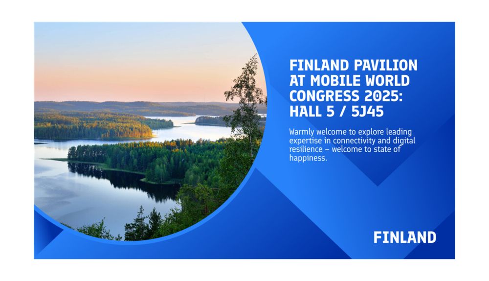 A scenic view of a Finnish lake at sunset, with small forested islands reflecting on the calm water. The sky transitions from soft orange to deep blue. On the right, a blue graphic overlay contains white text announcing Finland's presence at Mobile World Congress 2025, including the Finland Pavilion location in Hall 5, 5J45.