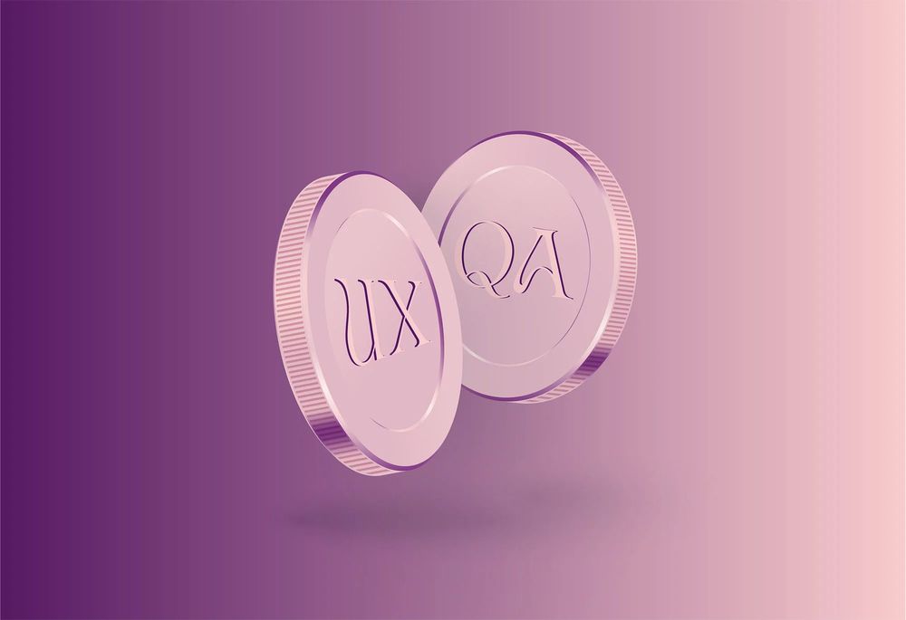 A 3D-rendered illustration of two metallic coins in soft pink, floating against a gradient purple background. One coin is engraved with 'UX' and the other with 'QA,' symbolising the interconnected relationship between user experience (UX) and quality assurance (QA) in digital product development.