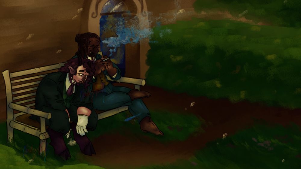 it is a painting of the poster's ocs, monty and murdoch. they are sitting outside on a bamboo bench together, in a garden front with hedges and pink clovers. murdoch has one in his hands that he is playing with alongside the cigarette in his hand. the smoke faintly covers an illustration that is inside the building behind them.