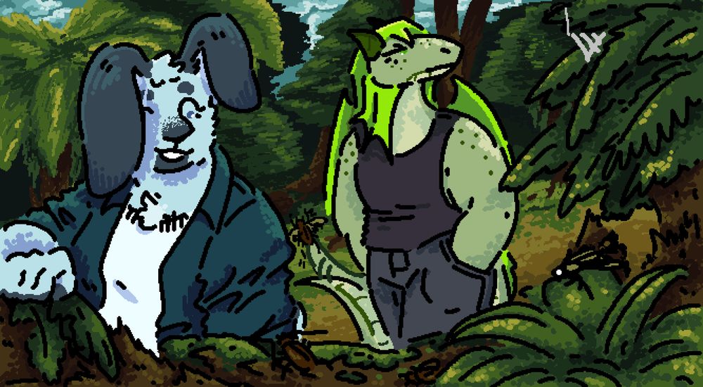 it is a drawing of a blue rabbit and a green frilled lizard dragon walking through a lush bush scene. the rabbit is looking at the beetles and a dragonfly that are crawling around the fallen branches in the foreground, while the lizard looks up at a spider making a web in a fern tree. the lizard is flicking his tail which causes a beetle in the background to fly away