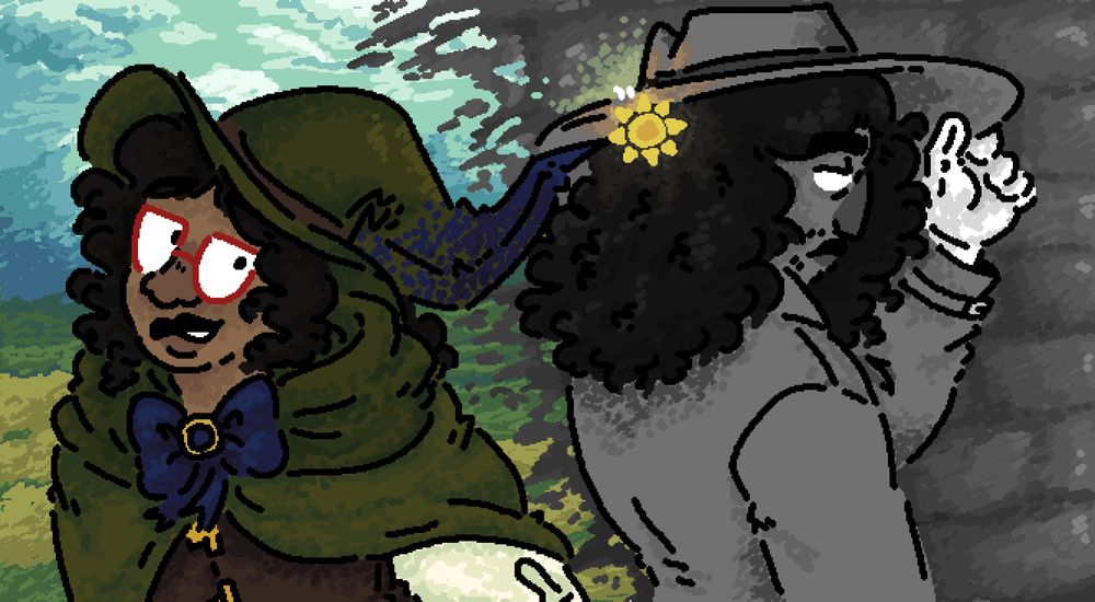 it is an illustration of two characters with their backs to each other. the character on the left is dressed in a wizard like attire comprising of greens, browns and blues. they are set behind a painted scene of a plains environment with mountains and wheat grass. the character on the right is dressed like a detective and is set in a black-and-white setting with a brick wall behind them. the charm on the end of the left character's hat lets off a glow that reveals the colours of the black-and-white side of the image.