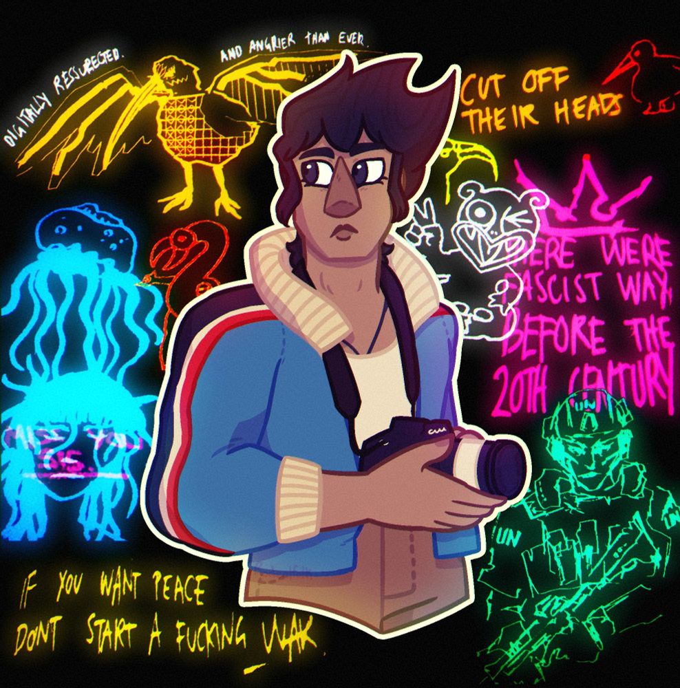 It is a drawing of the protagonist of the game Umurangi Generation, holding their camera as graffiti art from ingame is overlayed behind them. The graffiti art includes imagery of birds, tiki, taniwha (a creature in Māori mythology), jellyfish, and UN soldiers. The text includes, "Digitally resurrected and angrier than ever", "Cut off their heads", "If you want peace, don't start a fucking war" and "There were fascist way before the 20th century"