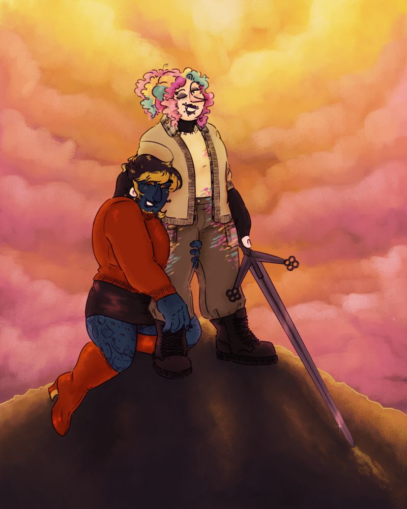 It is an illustration of the artists designs of humanoid versions of Tony the Talking Clock and Paige The Sketchbook from Don't Hug Me I'm Scared. Paige is standing proudly with a greatsword at their side. Tony is on his knees, arms trapped around Paiges leg. The background is a cloudy scene of pink, orange and yellow with a rocky mountain below them.