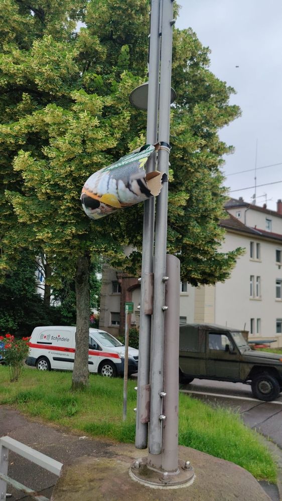 Kaputtes Grünen-Plakat am Rand einer Brücke in einer mittelbadischen Kleinstadt