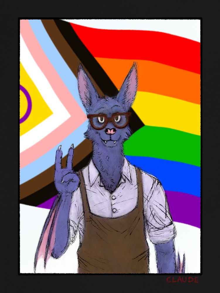 A portrait illustration of an anthropomorphic bat before a progress pride flag. He wears glasses, a button up shirt and an apron. He's making a peace sign gesture, though it looks a bit like 'rock-on' devil horns on account of only having two fingers.